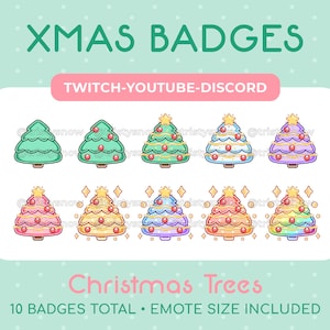 May include: A collection of ten Christmas tree badges in various colors, including green, pink, and blue. Each tree has a star on top and is decorated with ornaments and lights. Text includes "XMAS BADGES" and "Christmas Trees".