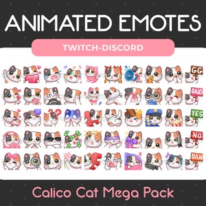 Megapack de 50 emoticones animados y estáticos de gato calicó para Twitch, YouTube, Discord, streaming y descarga instantánea.