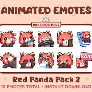 10 emoticones de panda rojo animados y estáticos (paquete de 2) para Twitch, Discord, Kick, Stream y descarga instantánea