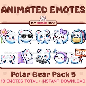 10 animowanych + statycznych słodkich emotikonów niedźwiedzia polarnego (pakiet 5) do serwisów Twitch, Discord, Kick, Stream / do natychmiastowego pobrania