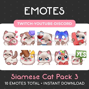 May include: A set of 10 Siamese cat emoticons for Twitch, YouTube, and Discord. The emoticons feature a variety of expressions, including happy, sad, surprised, and angry. The emoticons are designed in a cute and cartoonish style.