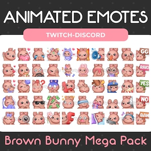 Megapack de 50 emoticones animados y estáticos de conejito marrón para Twitch, YouTube, Discord, streaming y descarga instantánea.