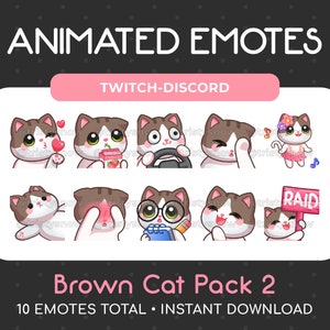 10 Animated + Static Cute Brown & White Cat Emotes (Pack 2) for Twitch, Youtube, Discord, Stream / Instant Download