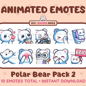 10 animowanych + statycznych, uroczych emotikonów niedźwiedzia polarnego (zestaw 2) do serwisów Twitch, Discord, Kick, Stream / do natychmiastowego pobrania