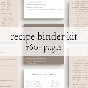 Könnte beinhalten: Ein druckbares Rezept-Ordner-Set mit über 160 Seiten. Das Set enthält Küchenumrechnungen, Back-Ersatzstoffe und andere hilfreiche Informationen zum Kochen und Backen. Der Text ist in hellbrauner Farbe auf beigefarbenem Hintergrund.