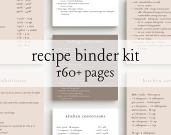 May include: A printable recipe binder kit with over 160 pages. The kit includes kitchen conversions, baking substitutes, and other helpful information for cooking and baking. The text is in a light brown color on a beige background.