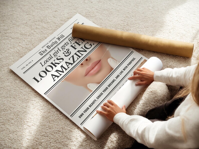 Puede incluir: Un p&oacute;ster estilo peri&oacute;dico con el titular "Local girl gets fill LOOKS & FE AMAZING." El p&oacute;ster se est&aacute; enrollando, con un tubo marr&oacute;n y un tubo blanco visibles. Tambi&eacute;n es visible el texto "OWN YOUR BEAUTY, CHASE YOUR DREAMS, AND LIVE WITH PURPOSE".