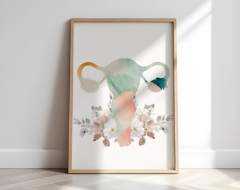 Op de afbeelding: Een ingelijste aquarelprint met een gestileerde afbeelding van een baarmoeder en eileiders in tinten van turquoise, perzik en goud. Het kunstwerk wordt gecompleteerd door bloemmotieven en een licht houten frame.
