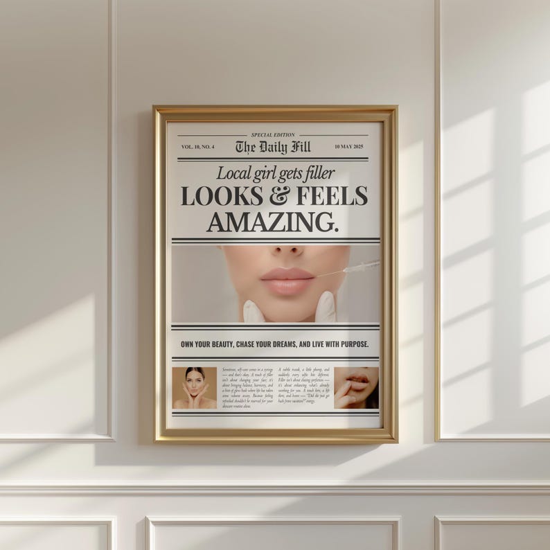 Puede incluir: Un p&oacute;ster enmarcado con un marco dorado. El p&oacute;ster tiene el titular "Local girl gets filler LOOKS & FEELS AMAZING". La imagen muestra un primer plano de los labios de una persona recibiendo una inyecci&oacute;n. El p&oacute;ster incluye el texto "OWN YOUR BEAUTY, CHASE YOUR DREAMS, AND LIVE WITH PURPOSE."