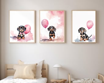 Dachshund Nursery Art, Cute Dog Wall Decor, Digital Download Prints for Kids Room, Puppy Nursery Art