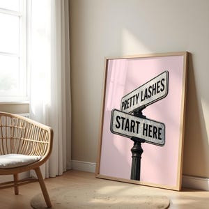 May include: A framed print featuring a street sign design with the text "PRETTY LASHES" above "START HERE". The signs are silver with black text, set against a pink background. The frame is light brown.