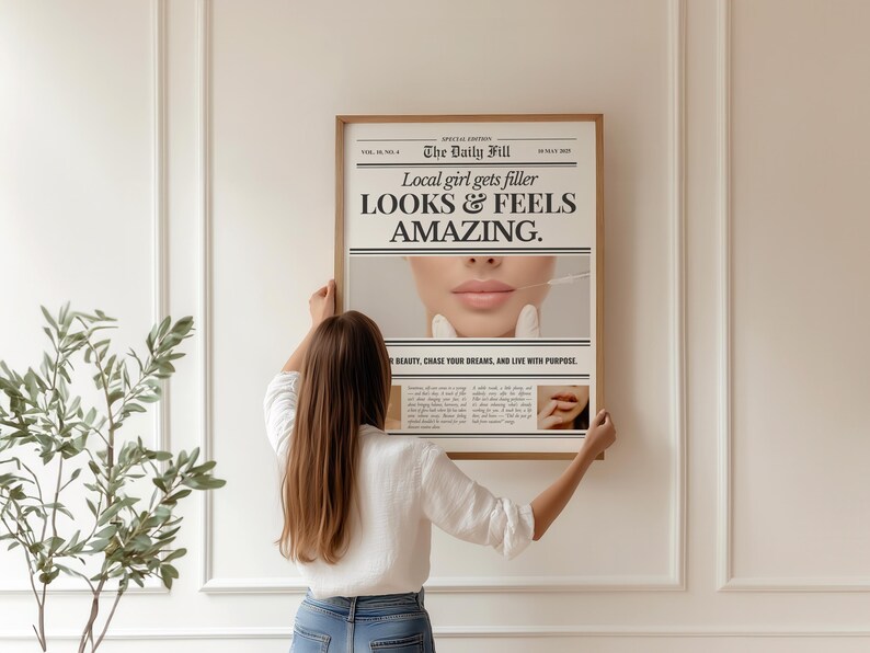 Puede incluir: Un p&oacute;ster enmarcado con el titular "Local girl gets filler LOOKS & FEELS AMAZING." El p&oacute;ster presenta un primer plano de los labios de una persona y el texto "BEAUTY, CHASE YOUR DREAMS, AND LIVE WITH PURPOSE."