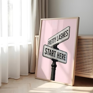 May include: A framed print featuring a pink background with two street signs. The top sign reads "PRETTY LASHES" and the bottom sign reads "START HERE" in black text. The signs are mounted on a black post.