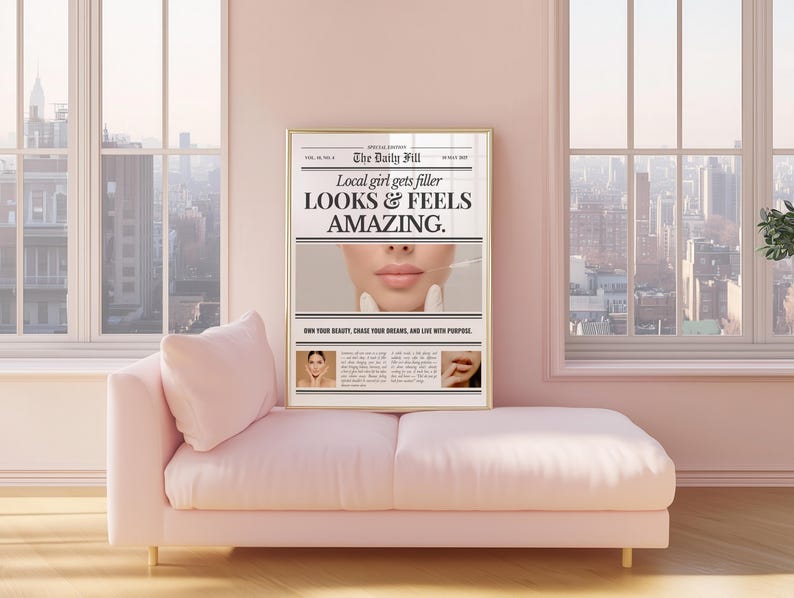 Puede incluir: Un marco con una impresi&oacute;n estilo peri&oacute;dico, con el titular "Local girl gets filler LOOKS & FEELS AMAZING". La impresi&oacute;n presenta un primer plano de labios y una aguja. La impresi&oacute;n se muestra en un chaise longue rosa frente a una ventana.