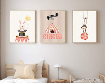 Láminas de circo para guardería / Decoración de habitación infantil / Arte mural de animales para guardería / Pósteres con imágenes para bebés y niños pequeños / Arte mural para sala de juegos / Decoración de carnaval /