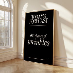 以下が含まれることがあります： 黒い背景に白い文字で「TODAY'S FORECAST」および「0% chance of wrinkles」と書かれた長方形のウォールアート。文字の間には細い水平線が引かれており、全体が細い金色の金属製フレームで囲まれています。
