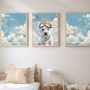 Westie Dog Art Print: Aviator Puppy, Nursery Wall Decor