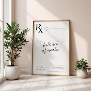 May include: A framed print with a minimalist design. The white background features the text "full set of nails" in elegant script, along with lines for name, date, refills, and signature. The frame is a light wood color, and the print is displayed on a light wood floor.