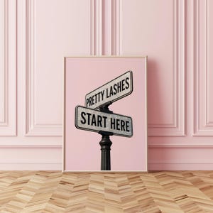 May include: A framed print featuring two street signs with the phrases "Pretty Lashes" and "Start Here" in black text. The signs are mounted on a black post against a pink background.