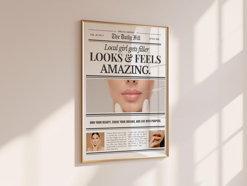 Puede incluir: P&oacute;ster enmarcado con borde dorado, dise&ntilde;ado como un peri&oacute;dico. El titular dice "Local girl gets filler LOOKS & FEELS AMAZING." La imagen presenta un primer plano de labios y el texto "OWN YOUR BEAUTY, CHASE YOUR DREAMS, AND LIVE WITH PURPOSE."
