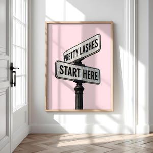 May include: A framed print featuring a pink background with a street sign that reads "PRETTY LASHES" and "START HERE" in black text. The sign is silver and mounted on a black post. The frame is a light brown color.