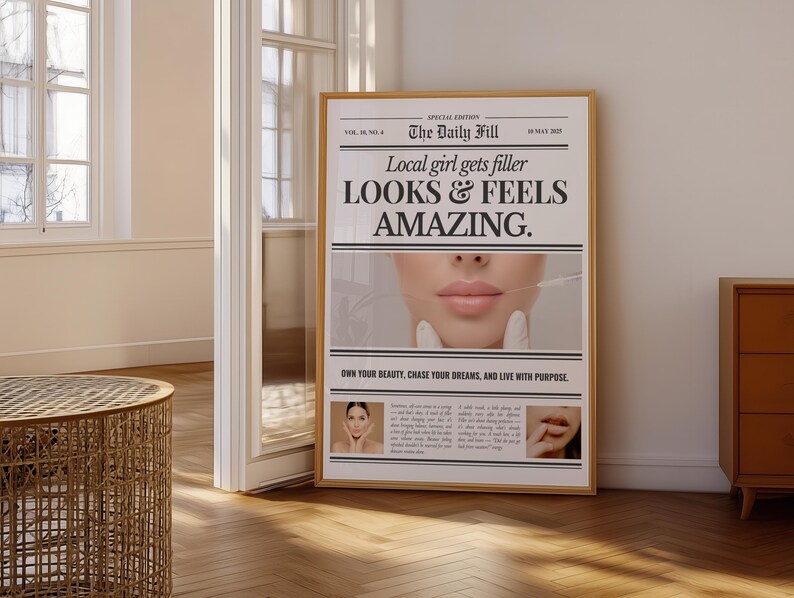 Puede incluir: Un p&oacute;ster enmarcado con un marco de madera. El p&oacute;ster est&aacute; dise&ntilde;ado para parecer un peri&oacute;dico, con el titular "Local girl gets filler LOOKS & FEELS AMAZING." El p&oacute;ster incluye una imagen de labios y el texto "OWN YOUR BEAUTY, CHASE YOUR DREAMS, AND LIVE WITH PURPOSE."
