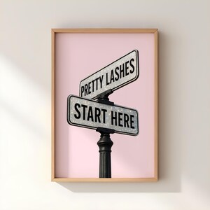 May include: A framed print featuring two street signs with the phrases "PRETTY LASHES" and "START HERE" in black text. The signs have a glittery texture and are set against a pink background. The frame is a light brown color.