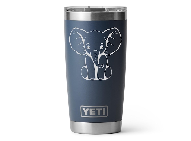 A navy 20oz Yeti Rambler Tumbler laser etched with a sitting elephant. The tumbler is a play on a white elephant gift.