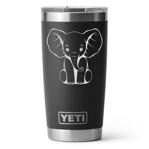 A black 20oz Yeti Rambler Tumbler laser etched with a sitting elephant. The tumbler is a play on a white elephant gift.