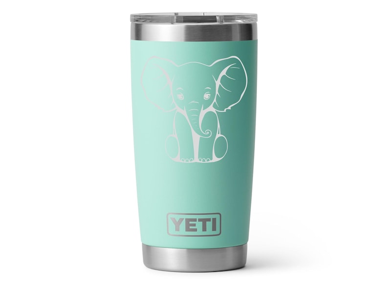 Seafoam Yeti 20oz Rambler Tumbler laser etched with a elephant. The tumbler is a play on a white elephant gift.