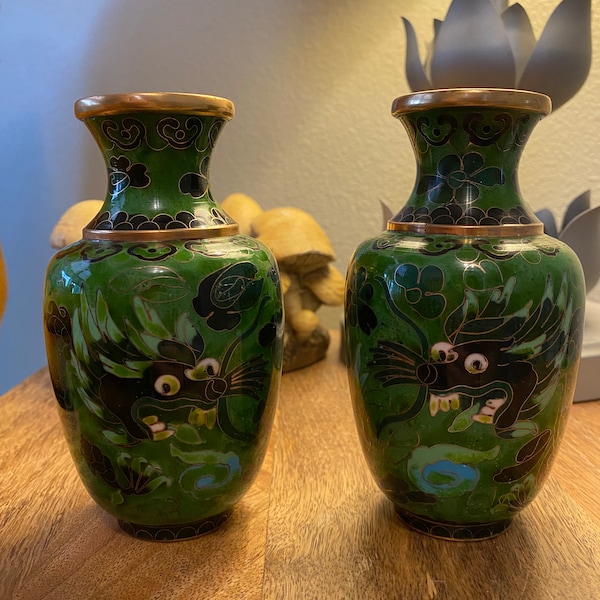 Vase Et Bol En Laiton Cloisonné Vintage – Motifs Floral Et Dragon, Années 1970, Vert