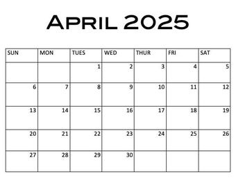 Calendario imprimible 2025, Calendario de abril de 2025, Calendario 2025, Calendario de pared 2025, Digital, Calendario, Descarga digital, Productos digitales