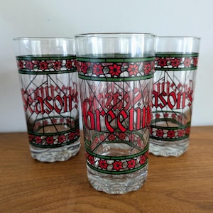 Vintage &quot;Season&#39;s Greetings&quot; Libbey glasses | stained glass highball glasses | set of 4