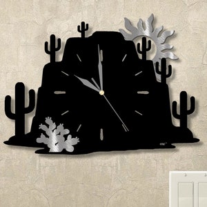 Southwest Desert Metal Wall Clock: Arizona Mountain, Cactus Silhouette (15in)