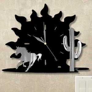 Western Horse and Saguaro Cactus Metal Wall Clock - 15in Silent Clock
