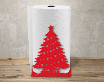 May include: Red metal paper towel holder shaped like a Christmas tree with ornaments and presents.
