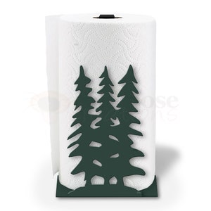 Lodge Theme Pine Trees Sturdy Metal Upright Kitchen Countertop Paper Towel Roll Holder - Choose Color - Holds any Size Roll - Made in USA