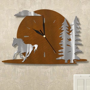 Western Theme Moonrise with Running Horse and Trees 15in Metal Wall Clock with Silent Movement - Choose Black or Rust Finish