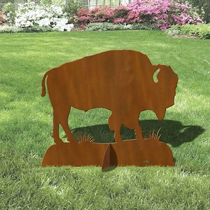 Large 36in or 42in Wide Buffalo Rust Metal Sturdy Outdoor Yard Art Lawn Statue Sculpture with Base & Stakes for secure Mounting Made in USA