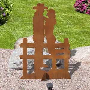 36in Wide Cowboy Lovers Western Decor Rust Metal Sturdy Outdoor Yard Art Lawn Statue - Made in USA
