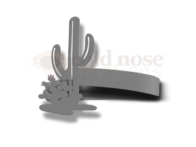 May include: A gray metal wall decor featuring a silhouette of a cactus with a smaller cactus at the base. The decor is shaped like a long, thin rectangle with rounded edges.