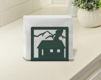 Cabin and Trees Napkin Holder: Sturdy Metal Lodge Kitchen - Choose Color or DIY Paint
