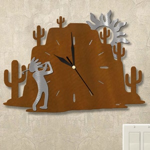 Sonoran Desert Mountain 15in Metal Wall Clock - Kokopelli Golfer