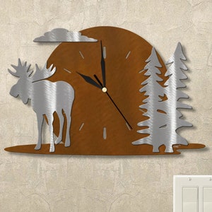 Lodge Theme Moonrise with Moose and Trees 15in Metal Wall Clock with Silent Movement - Choose Black or Rust Finish