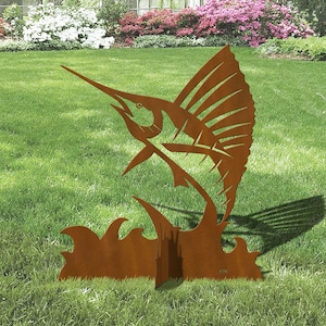 36in Tall Marlin Coastal Decor Rust Metal Sturdy Outdoor Yard Art Lawn Statue - Large Fishing Theme Garden Sculpture - Made in USA