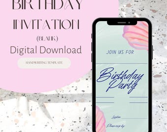 Invito di compleanno a forma di conchiglia / Download digitale / Modello di scrittura a mano