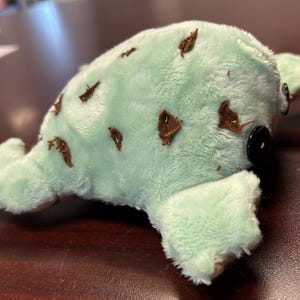 Op de afbeelding: Een pluche speelgoed in de vorm van een schildpad. De schildpad is lichtgroen met bruine vlekken en zwarte knoopogen. Het speelgoed heeft vier vinachtige aanhangsels en een zachte, donzige textuur.
