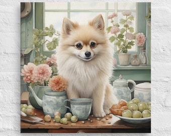 Pomeranian and Peonies Stretched Canvas Ready to Hang | Dog Art | Pet Parent Gift | Home Decor
