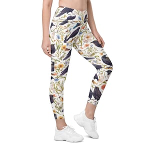 Raven Bird Geometric Animal Print | Eco-Friendly Leggings | Yoga Leggings | Workout Leggings | Crossover Leggings with Pockets