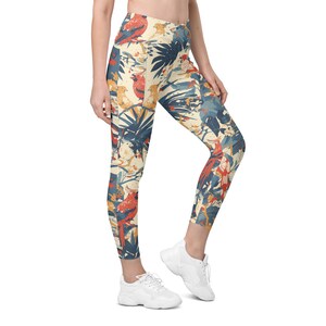 Tropical Bird Geometric Animal Print | Eco-Friendly Leggings | Yoga Leggings | Workout Leggings | Crossover Leggings with Pockets